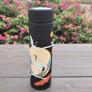 NEW 16 oz Black Stainless Steel Insulated Thermos Flask - Asian Crane Design